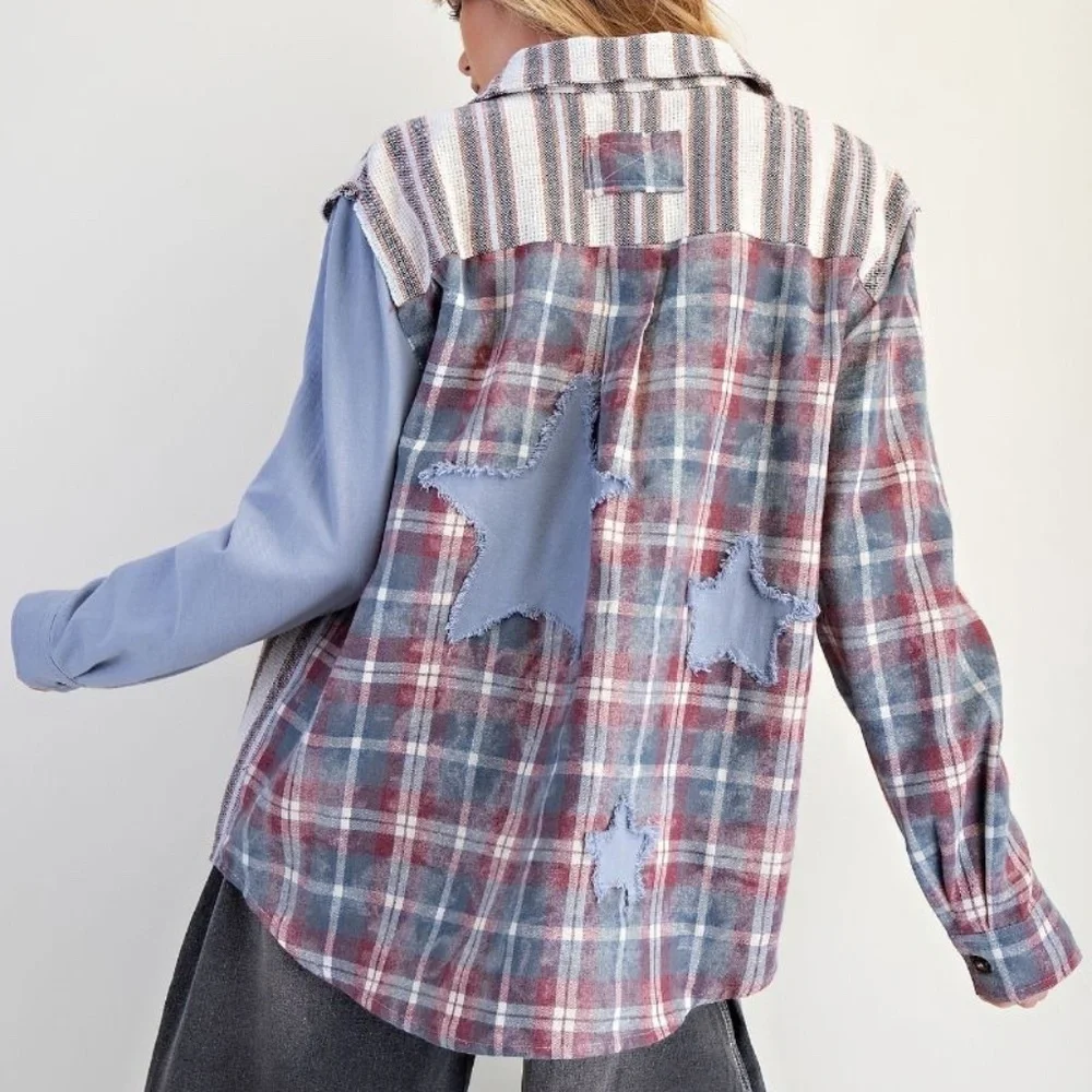 NEW EASEL PLAID AND STRIPED PATTERNS STAR PATCHWORK BUTTON DOWN SHAKET SMALL - Picture 5 of 8
